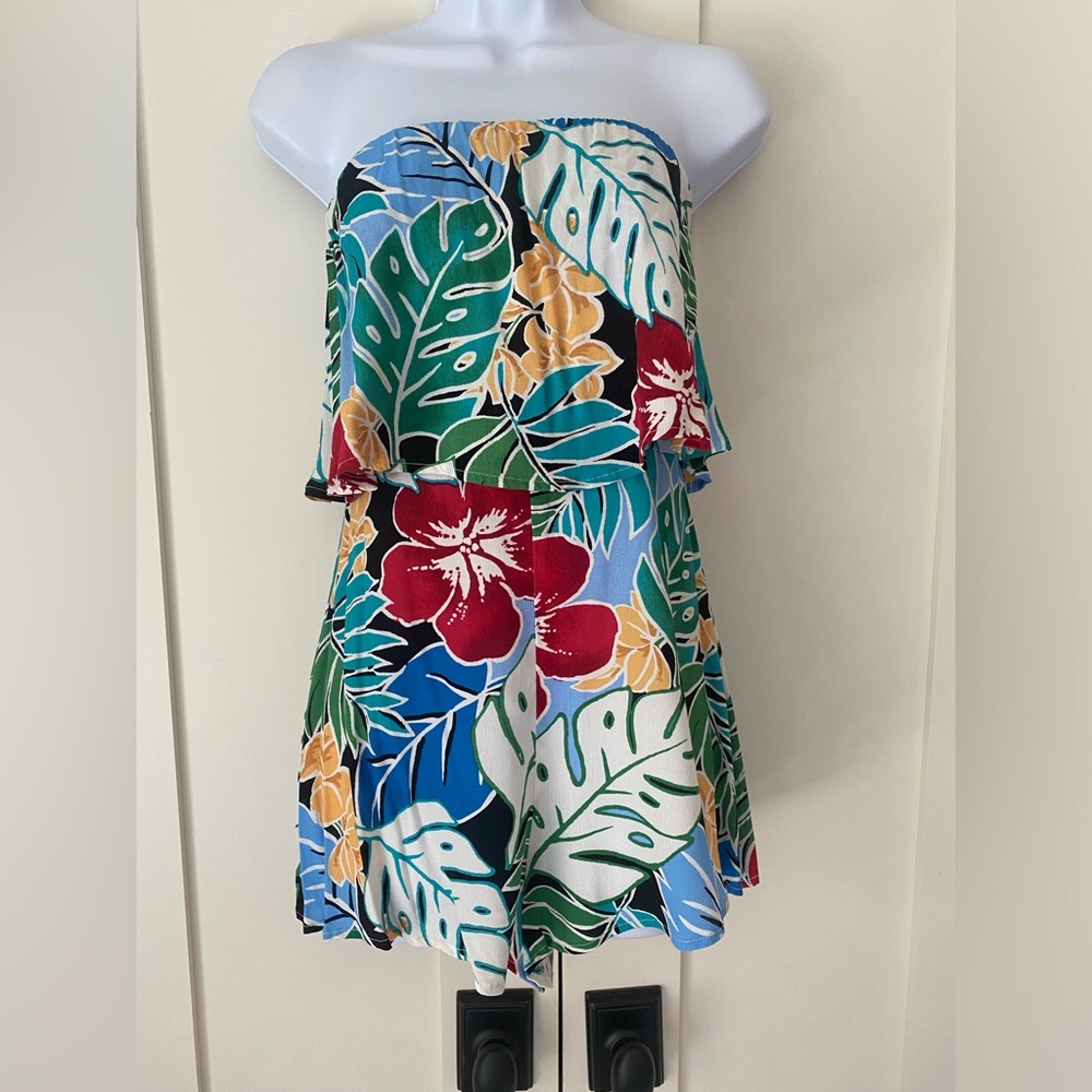 Tropical print ruffle top romper